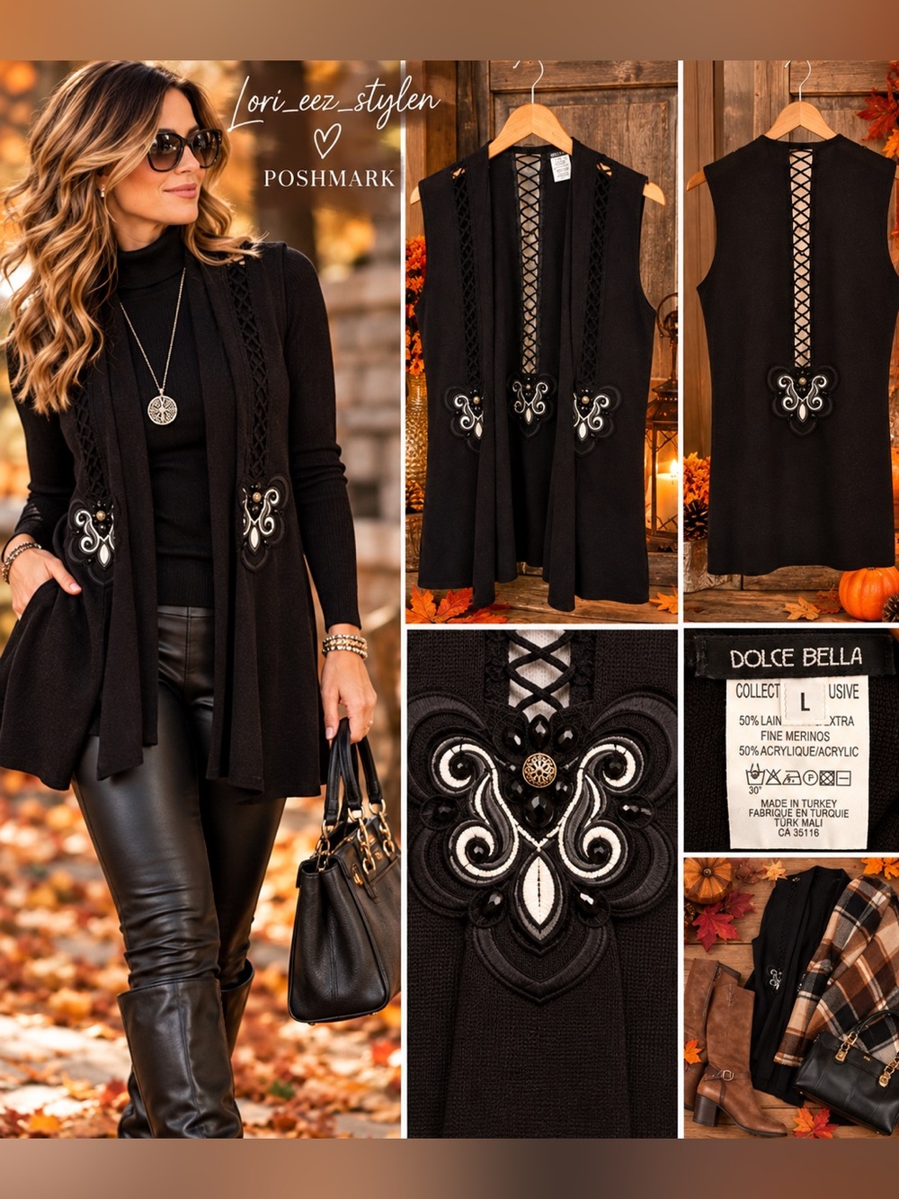 Black Embroidered Open-Front Sweater Vest